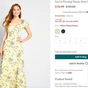 NWT - Modcloth Yellow Floral/Dragonfly Maxi Dress - Size 0